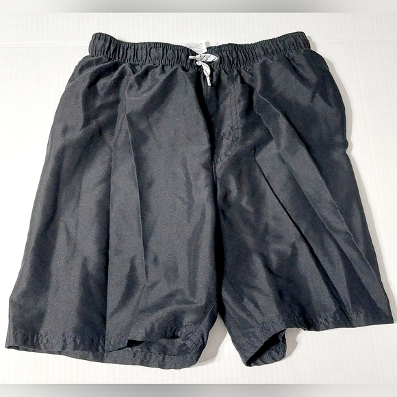Solid Black Drawstring Swim Shorts with Liner Boys Size L 10/12 - Picture 1 of 5